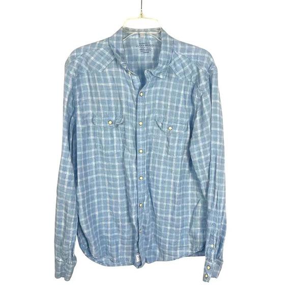 Lucky Brand Linen Snap Button Down Shirt Size Large Plaid Rodeo Coastal Cowgirl - Picture 1 of 14